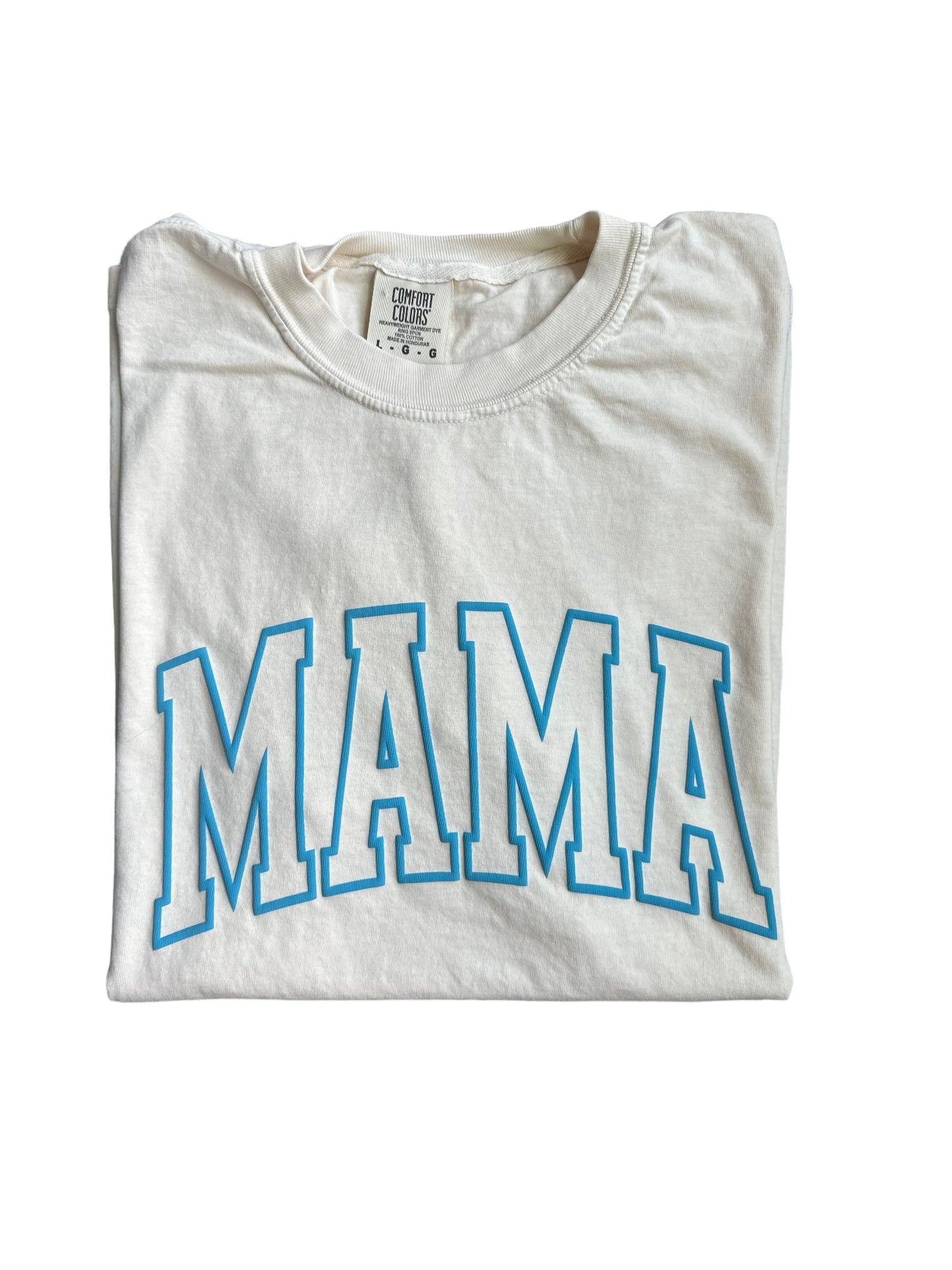 puff blue varsity outline mama tee | ivory
