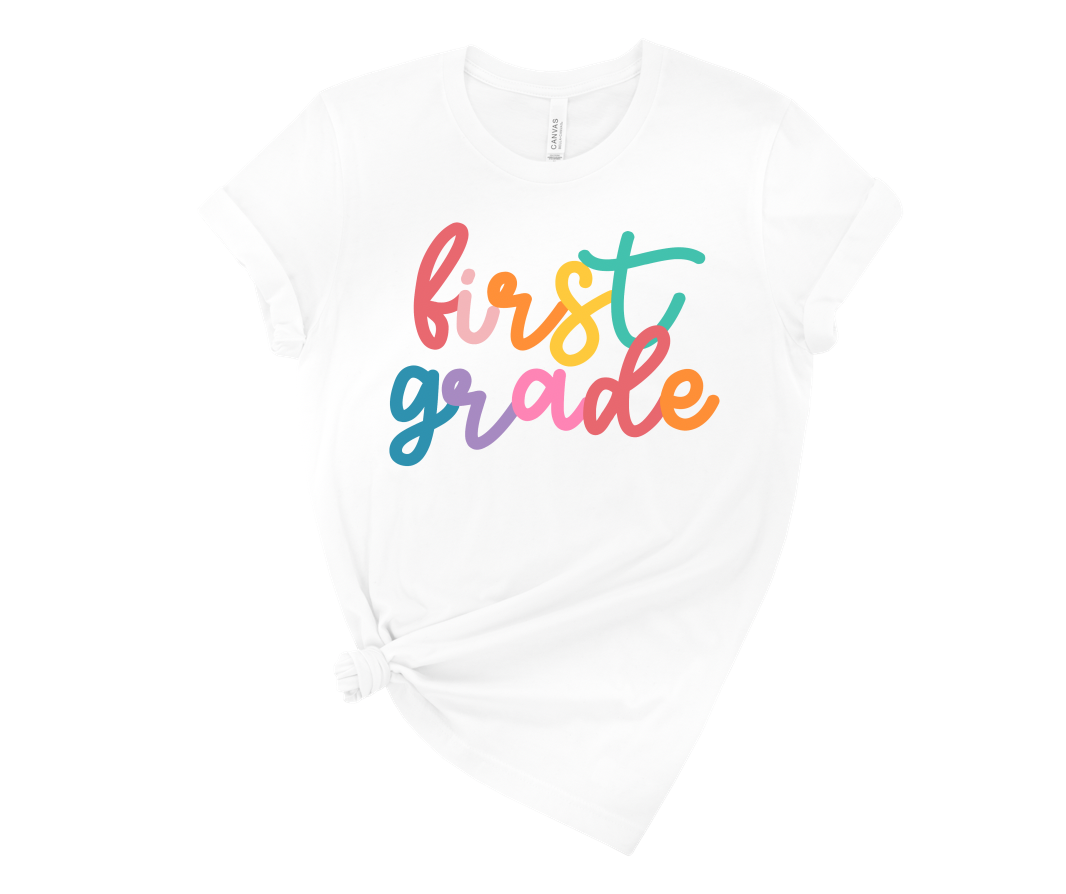 rainbow cursive grade level tee | white