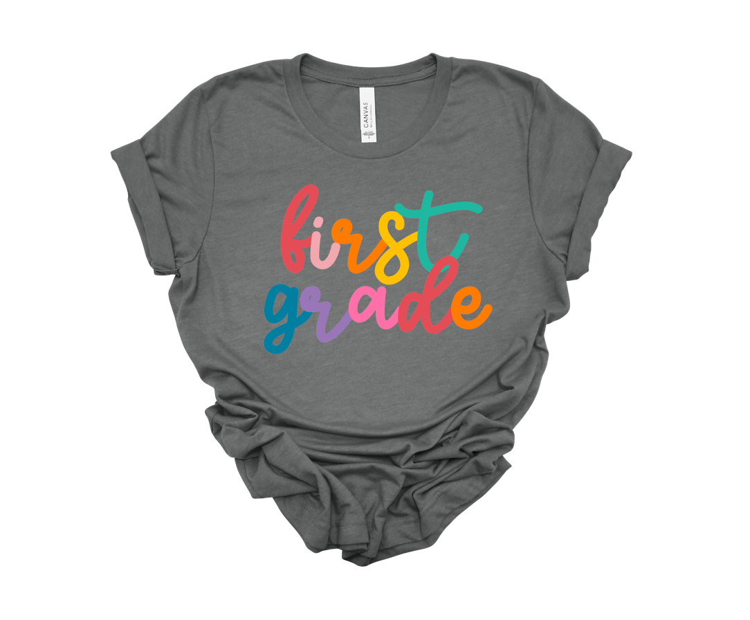 rainbow cursive grade level tee | deep heather