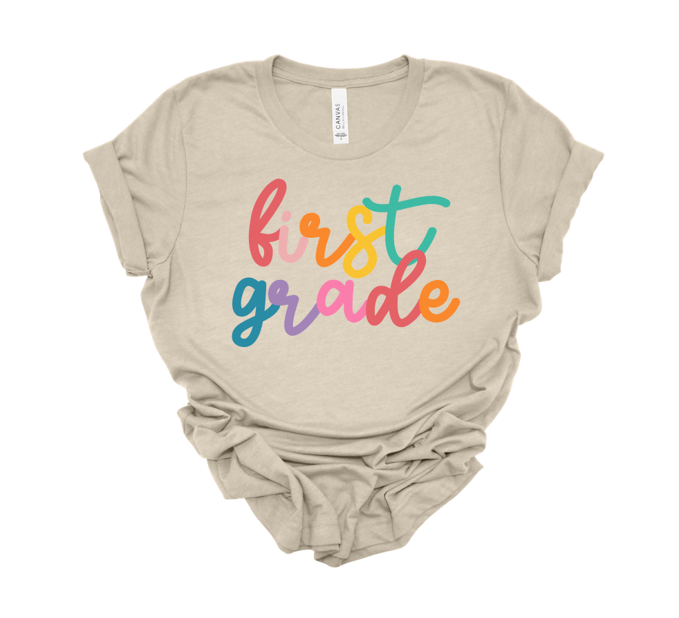 rainbow cursive grade level tee | heather dust