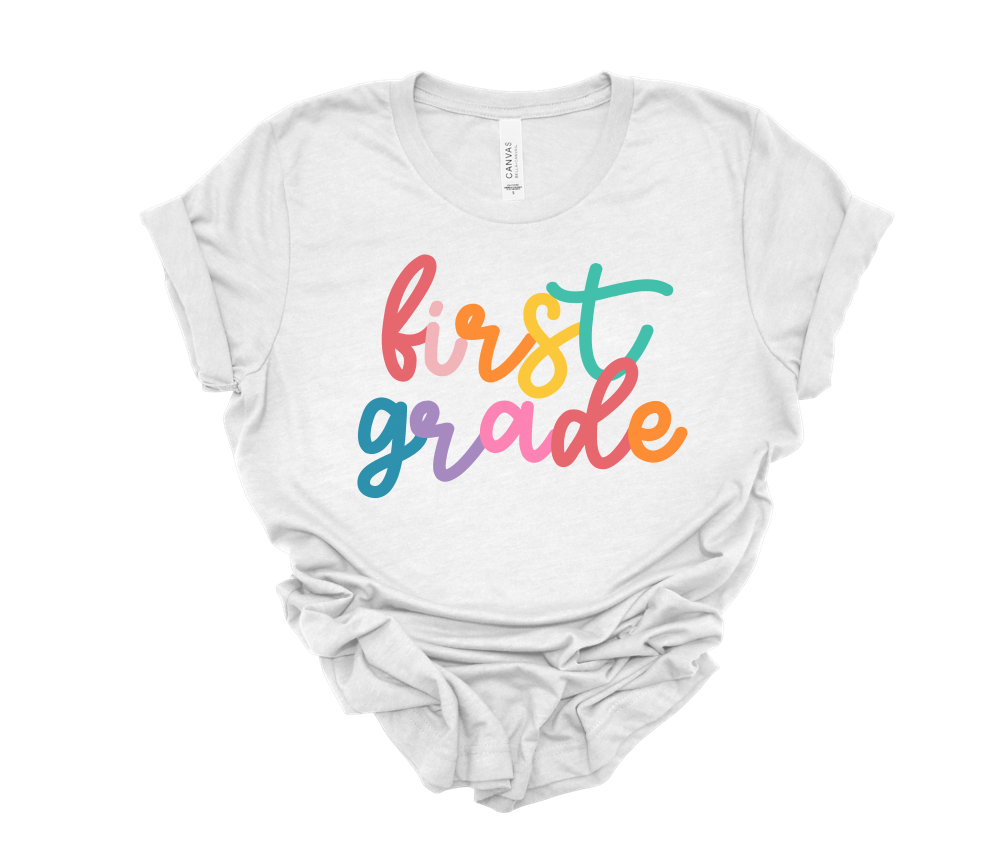 rainbow cursive grade level tee | ash