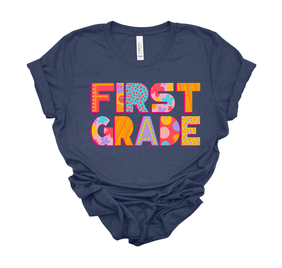 spotty smiley grade level tee | heather navy