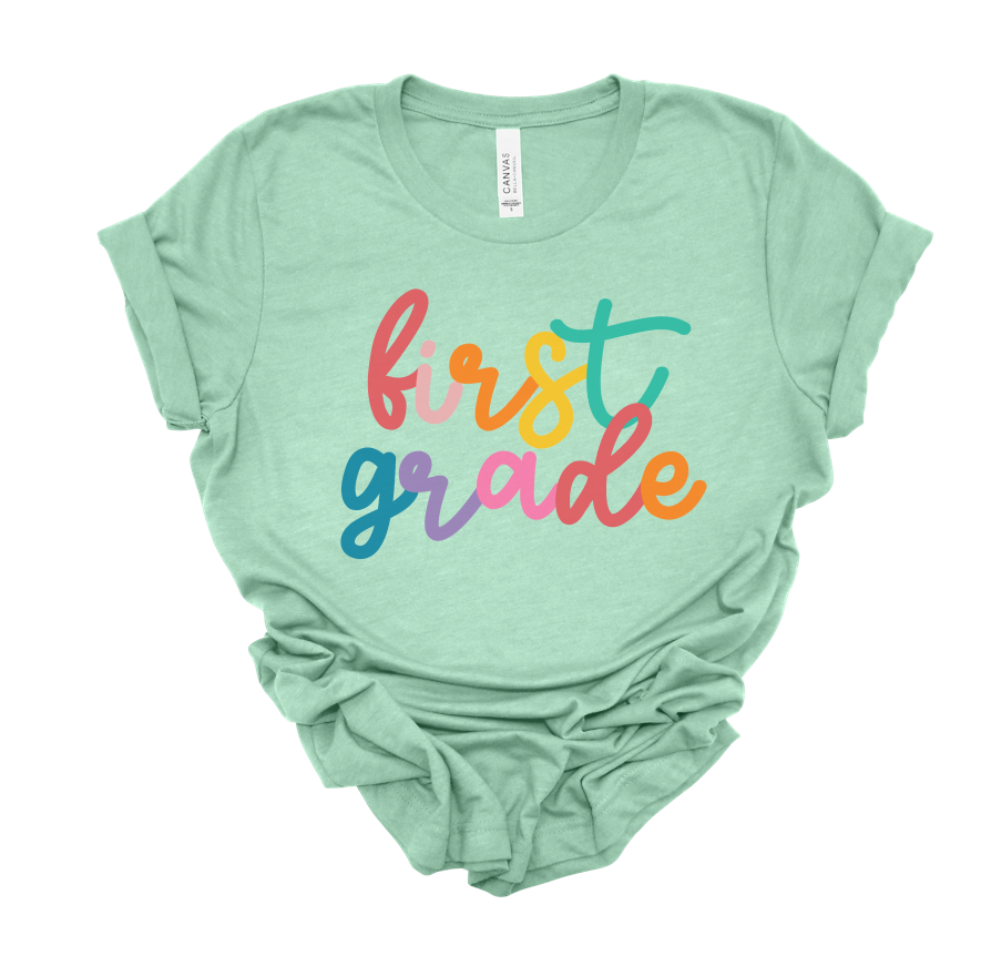 rainbow cursive grade level tee | heather prism mint