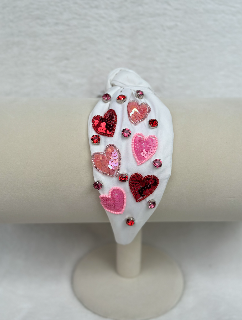 sequin hearts headband | white