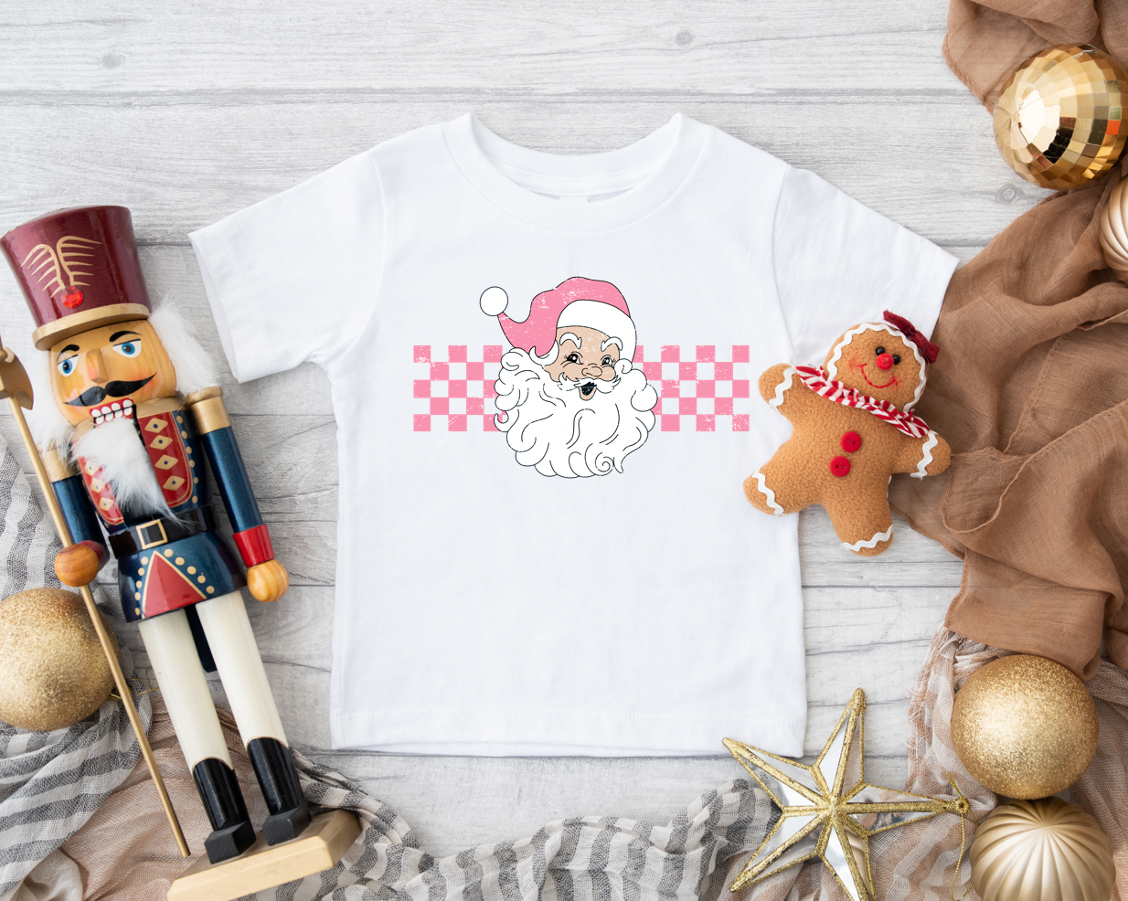 pink checkered santa | white