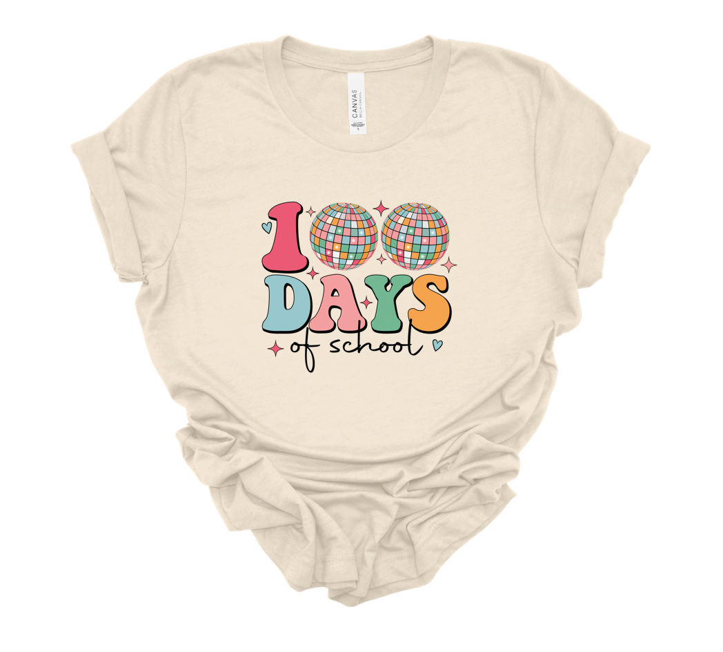 100th day disco balls | heather oatmeal bella canvas
