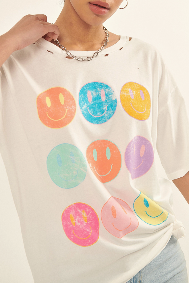 Smiley Faces Oversized Distressed Graphic Tee