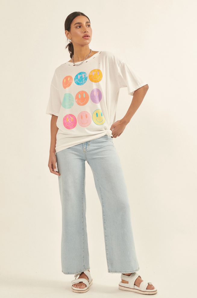Smiley Faces Oversized Distressed Graphic Tee