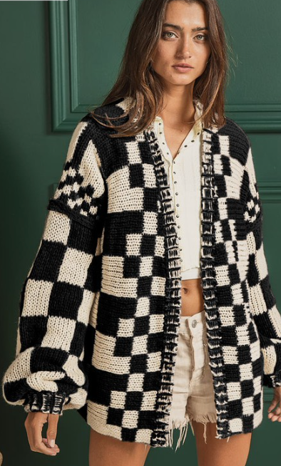 Black Oversized Checkered Cardigan
