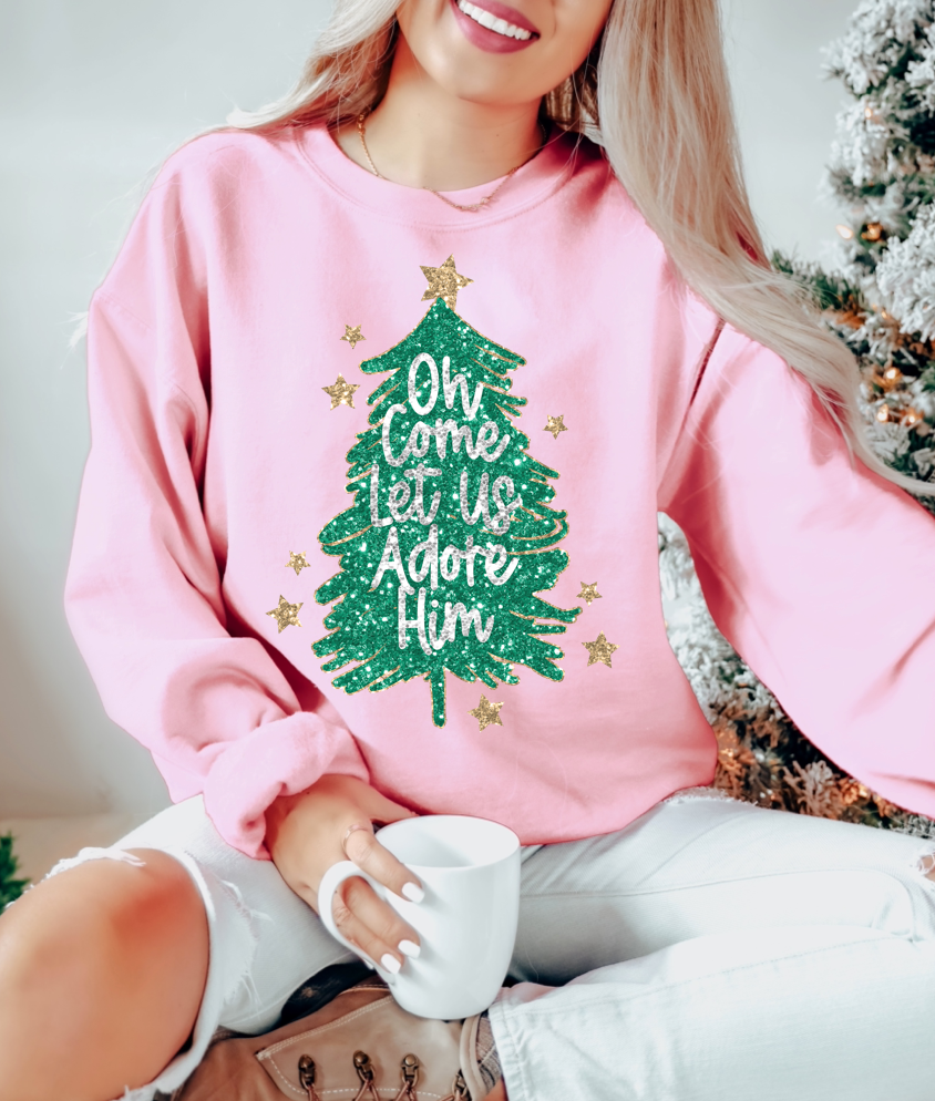 oh come let us adore him sparkles sweatshirt | pink