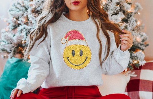 faux glitter santa smiley sweatshirt | ash