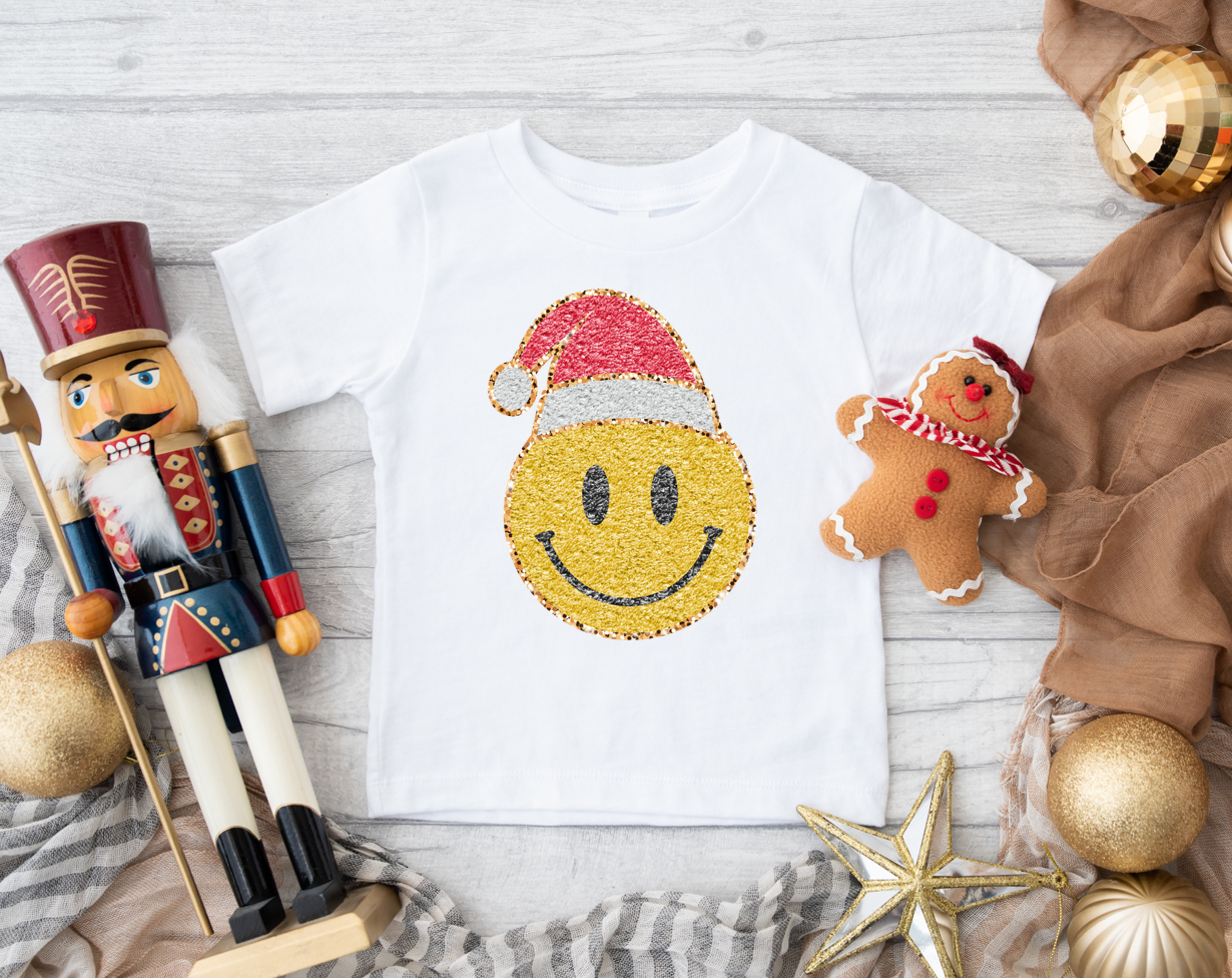 *kid* faux glitter santa smiley tee | white