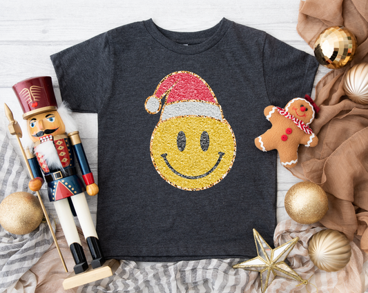 *kid* faux glitter santa smiley tee | dark grey