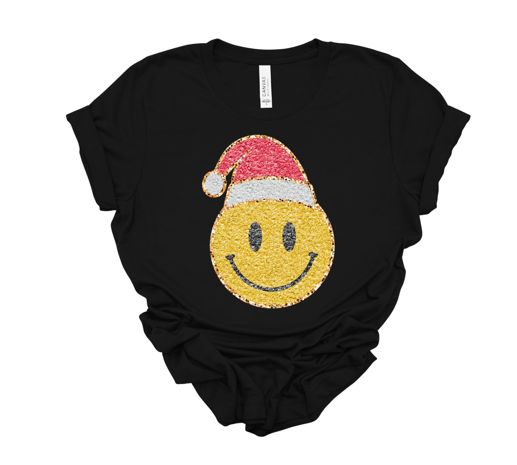 faux glitter santa smiley tee | black