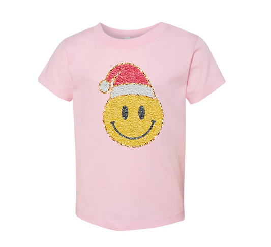 *kid* faux glitter santa smiley tee | light pink