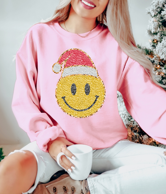 faux glitter santa smiley sweatshirt | light pink