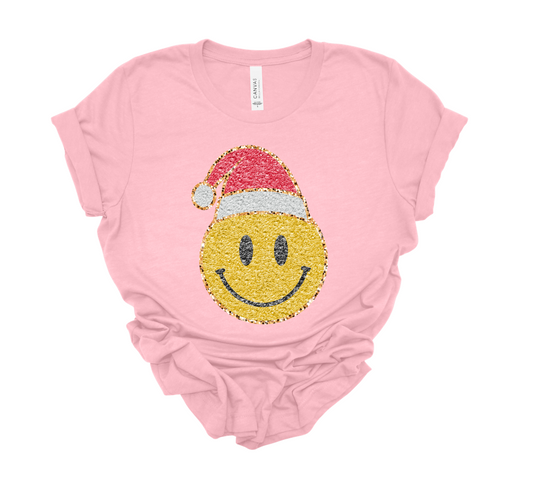 faux glitter santa smiley tee | light pink