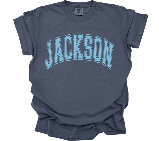 baby blue varsity Jackson | denim