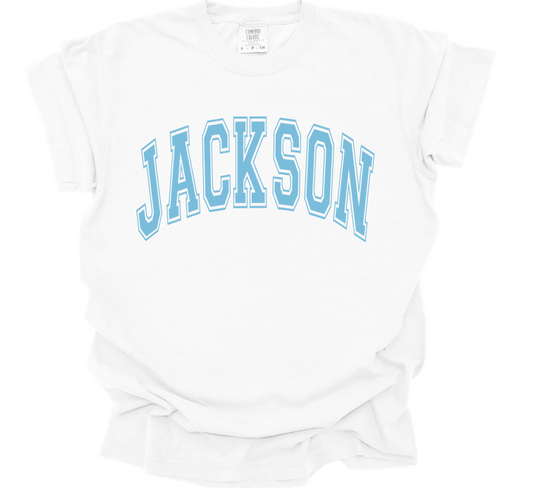 baby blue varsity Jackson | white