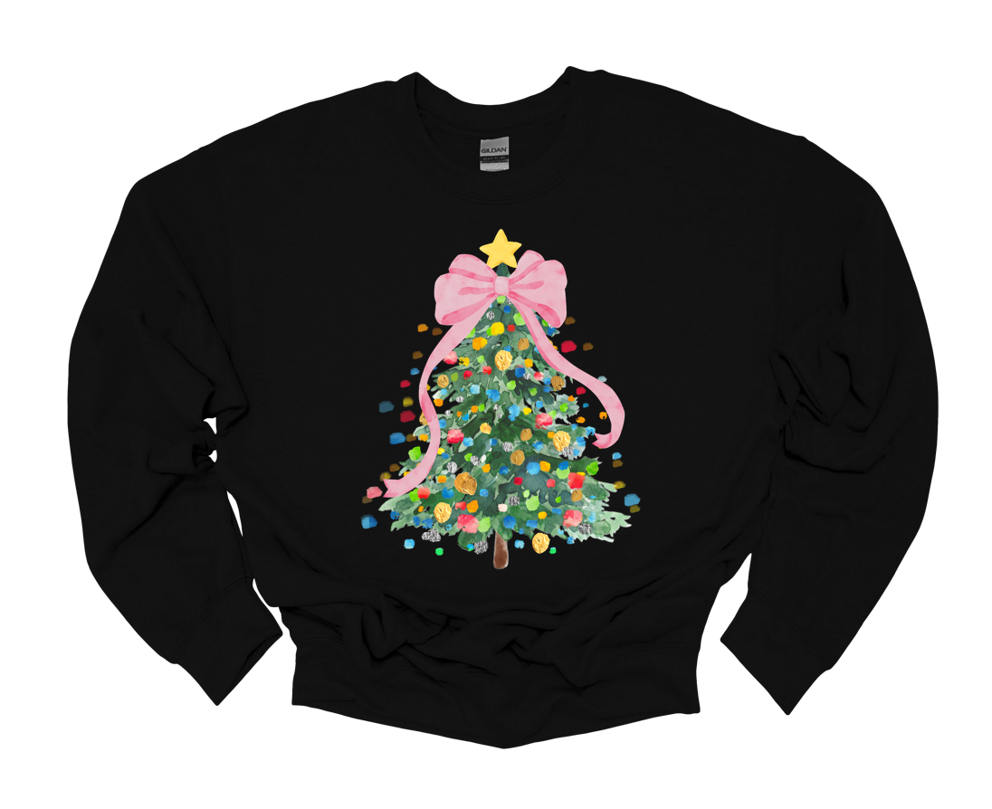 watercolor coquette christmas tree sweatshirt | black