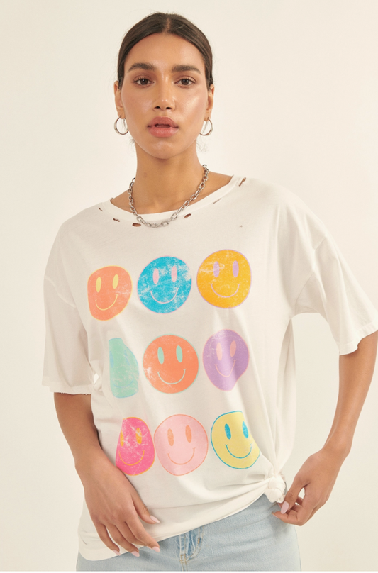 Smiley Faces Oversized Distressed Graphic Tee