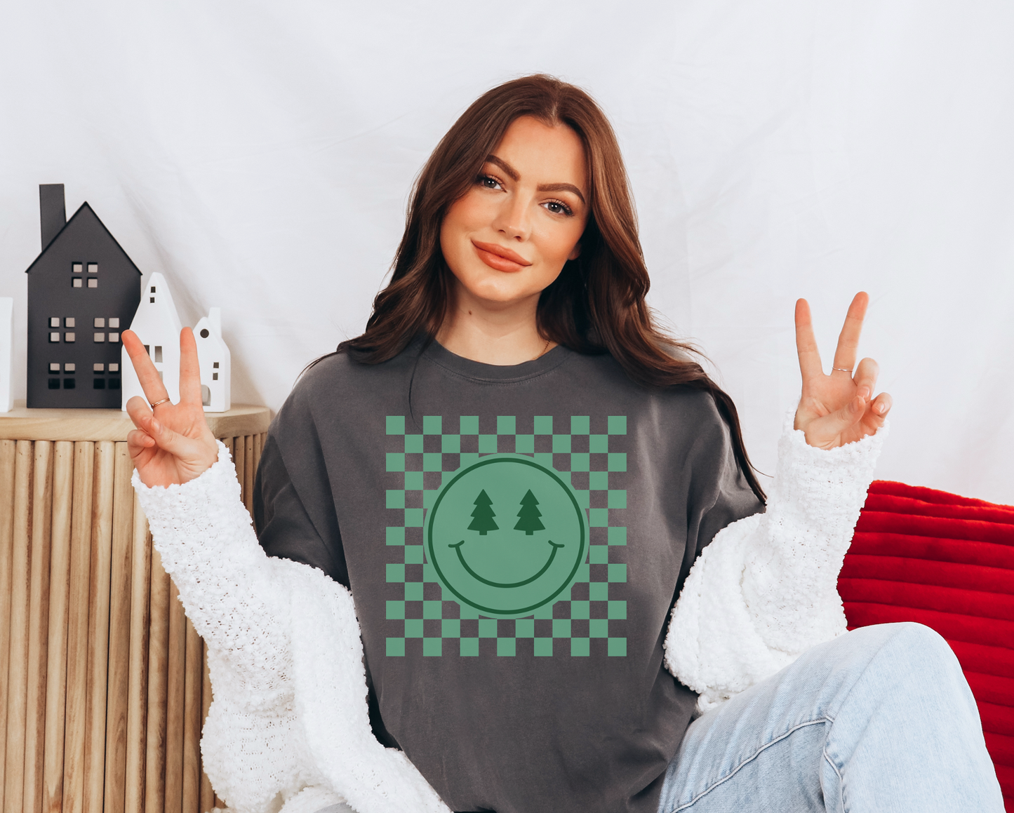 Checkered Christmas Smiley - Green