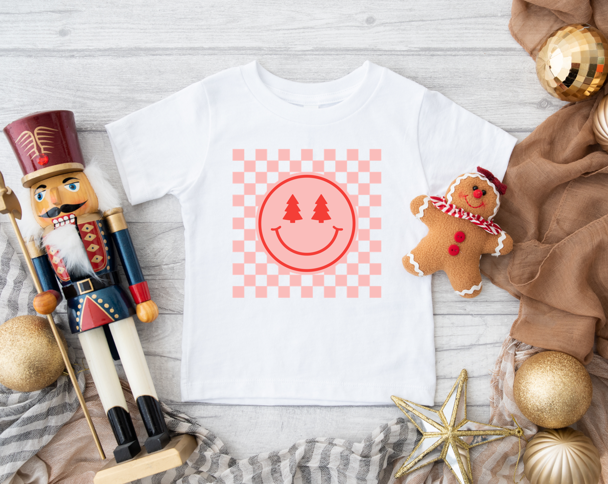 Checkered Christmas Tree Smiley - White - Youth